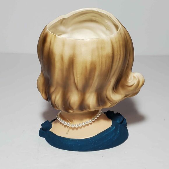 Lady Head Vase Blue Bow Pearls 5.5" - Picture 5 of 10